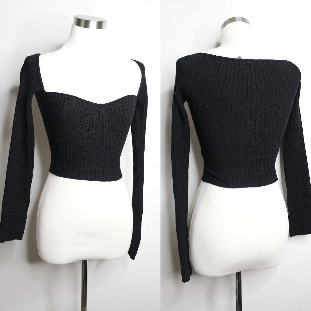 UO Black Knit Long Sleeve Sweetheart Top - XS
